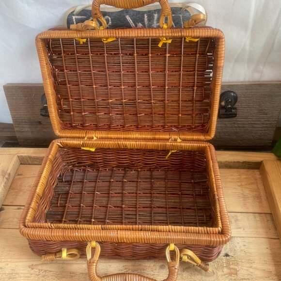 Other - Vintage Wicker Picnic Basket Tote Double Latched Woven Rattan Retro Handbag